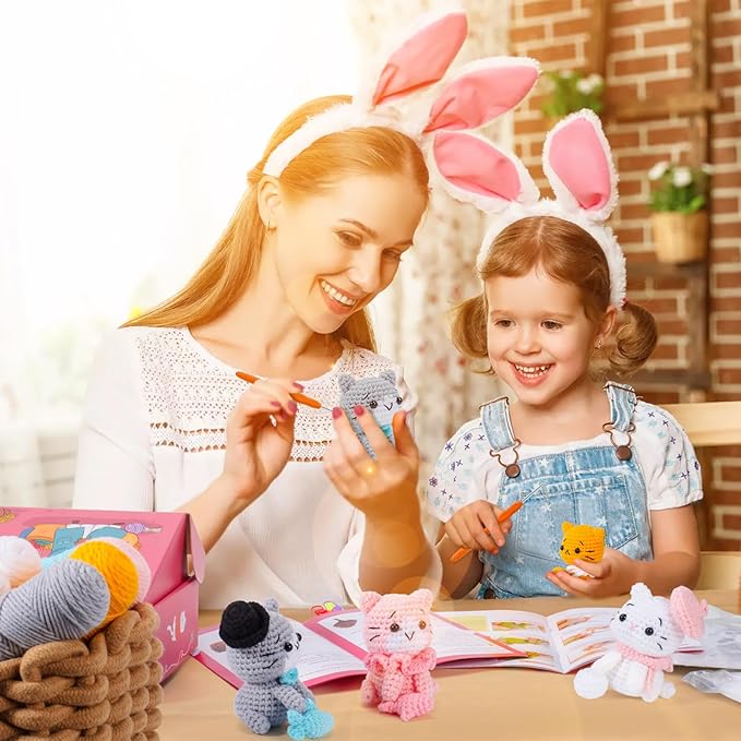 Crochet Kit for Beginners - Cat Crochet Kit with Step-by-Step Video Tutorials, Learn to Crochet Kits for Adults and Kids, 4 PCS Crochet Animals Cat with Hat, Toy, Fish Crocheting Set