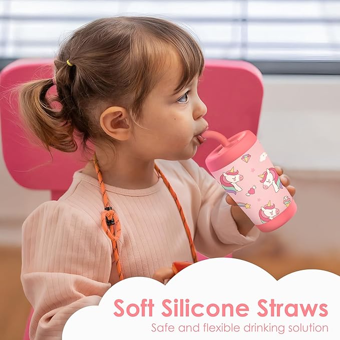 Kid Insulated Stainless Steel Tumbler with Silicone Straw, 12oz Sippy Cup for Kids (Dreamy Unicorn)