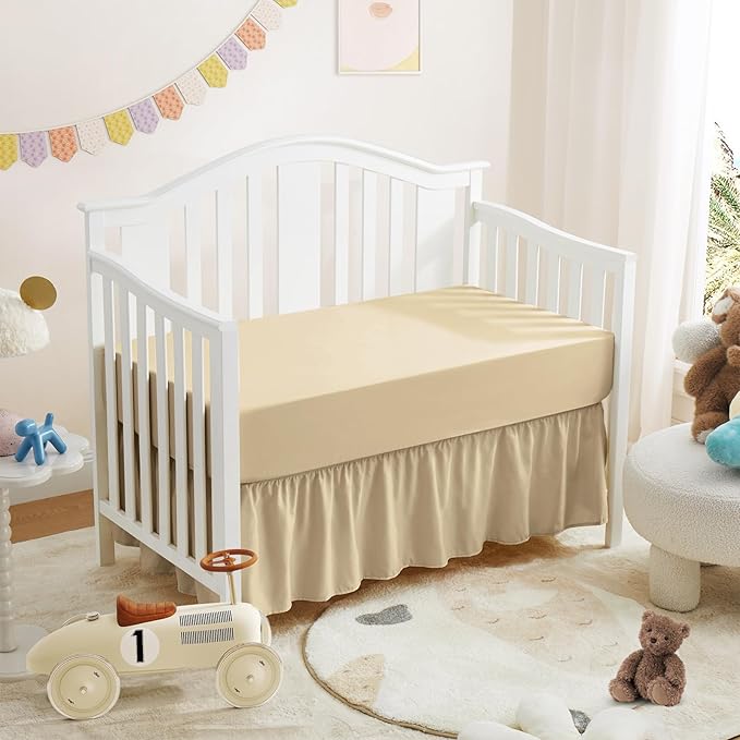 Horbaunal 2 Pack Set Crib Skirt & Crib Bed Sheet, Khaki Crib Bed Skirt 28" x 52" with 14" Drop Dust Ruffle, Soft Microfiber Toddler Bedskirt Nursery Bedding Skirt for Baby Girls and Boys