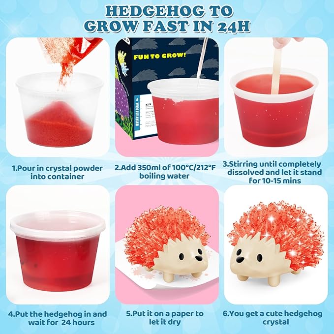 sdaymol Crystal Growing Kit for Kids - 4 Colors Hedgehog to Grow Fast in (24H),Science Experiments Learning & Educational Toys,Science Kits for Kids Age 8-12 STEM Project Gifts for Boys & Girls 6+