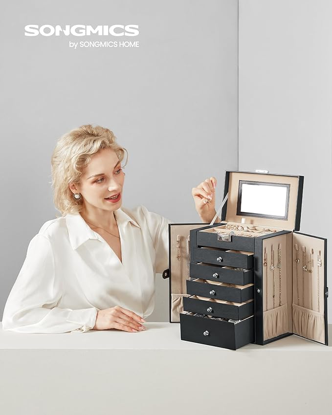 SONGMICS 6 Tier Jewelry Box, Jewelry Storage Organizer with 5 Drawers, Large Storage Capacity, with Mirror, Lockable, Jewelry Case, Gift for Loved Ones, For Watches, Black UJBC152B01