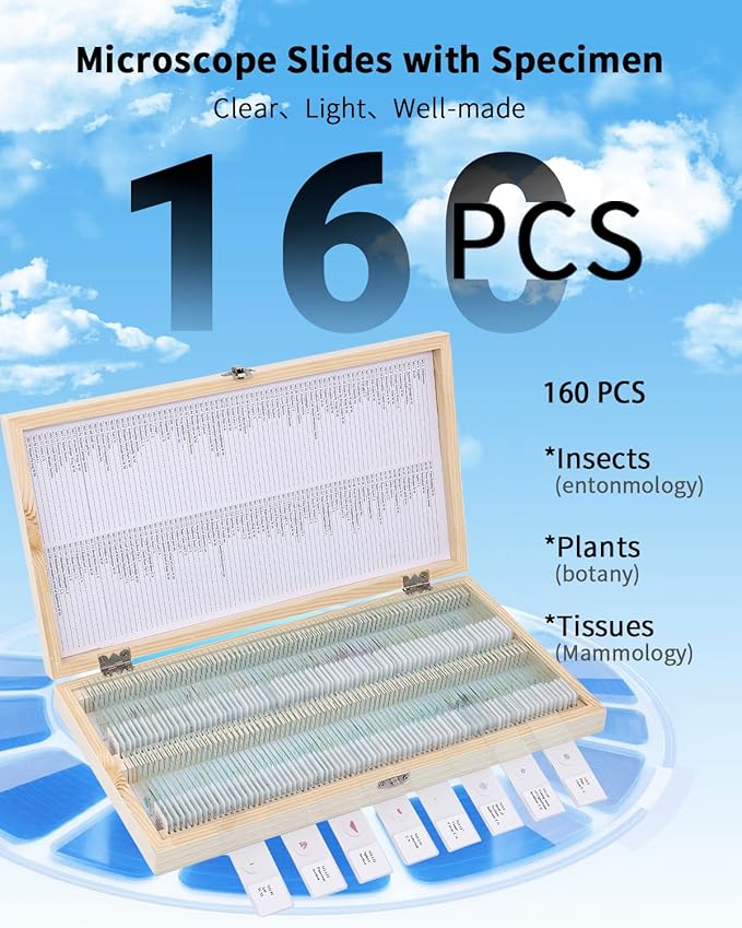 160-Pcs Microscope Slides with Specimens,Pre-Made Glass Slides with Specimens,Educational Microscope Slides and Covers for Young Scientists,Perfect for Biology Class and Experiments