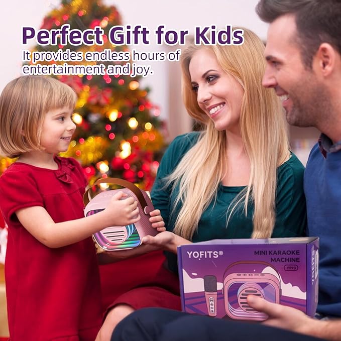 YF93 Mini Karaoke Machine for Kids with Bluetooth Speaker, 7 Voice-Changing Modes, Dual Microphones, Colorful LED Lights, TF Card Support, Portable Singing Gift for Children and Parties(Pink)