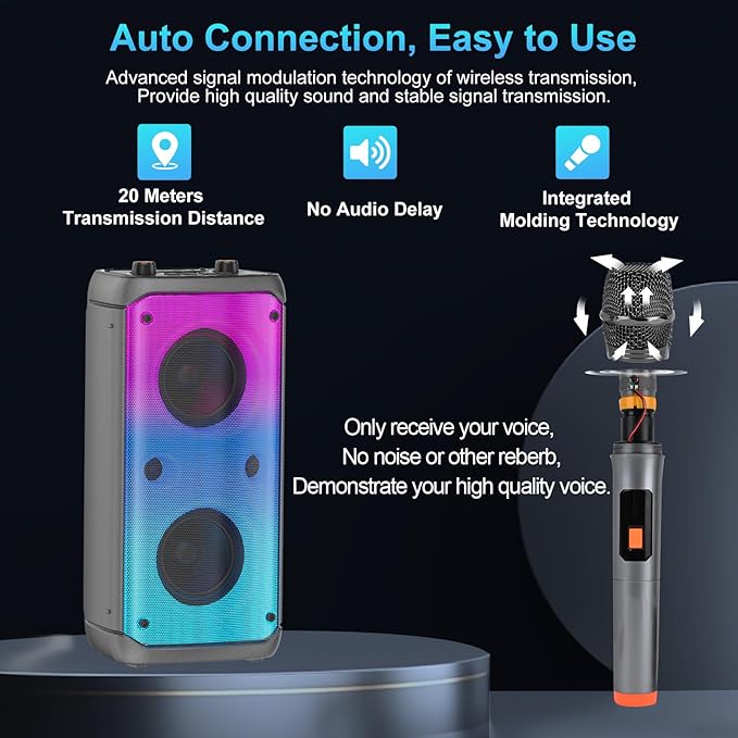 Portable Party Speaker, 80W Peak Wireless Bluetooth Speaker, PA System with LED Lights, Outdoor Bluetooth Speakers Supports for TF Card/USB, AUX in, FM, REC,TWS