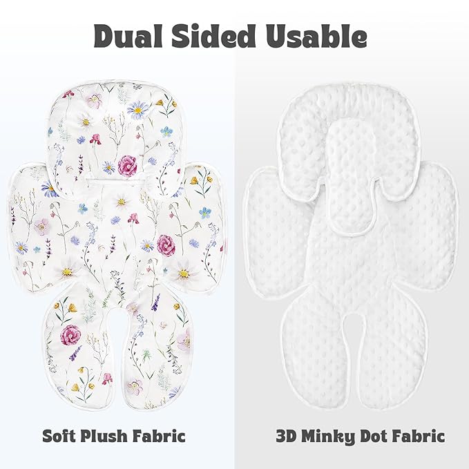 Pea Pod Infant Car Seat Pad 2-in-1 Baby Car Seat Head & Body Support for Newborn Girl Reversible 3 Layer Warm Preemie Carseat Stroller Cushion Headrest with Soft Minky Dot Fabric, Wildflower
