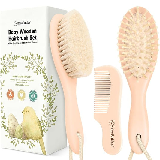 Baby Hair Brush and Comb Set for Newborn - Wooden Baby Hair Brush Set with Soft Goat Bristle, Baby Brush Set for Newborns, Baby Brush and Comb Set Girl, Boy, Toddler Cradle Cap Brush (Oval, Peach)