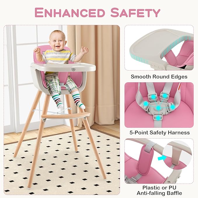 BABY JOY Convertible Baby High Chair, 3 in 1 Wooden Highchair/Booster/Chair with Removable Tray, Adjustable Legs, 5-Point Harness, PU Cushion and Footrest for Baby, Infants, Toddlers (Pink)