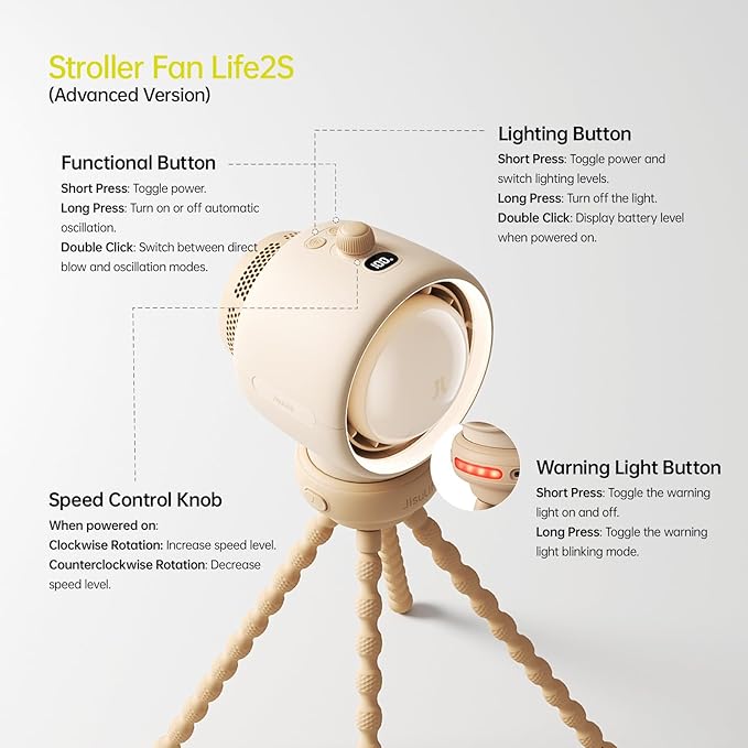 JISULIFE Stroller Fan Baby Large, Safe Bladeless for Crib, Desk, Portable Battery Rechargeable Cooling Fan with Air Turbo Tech, Night Light, Food-Grade Gift for Mom/Dad/Friend - Brown