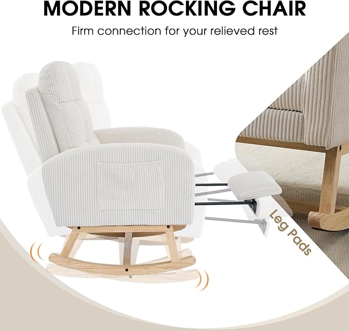 NIOIIKIT Nursery Rocking Chair, Corduroy Upholstered Rocking Chair with Adjustable Footrest, Tufted Rocker Chair with Side Pocket, Glider Rocker for Living Room, Bedroom (Cream Retro)