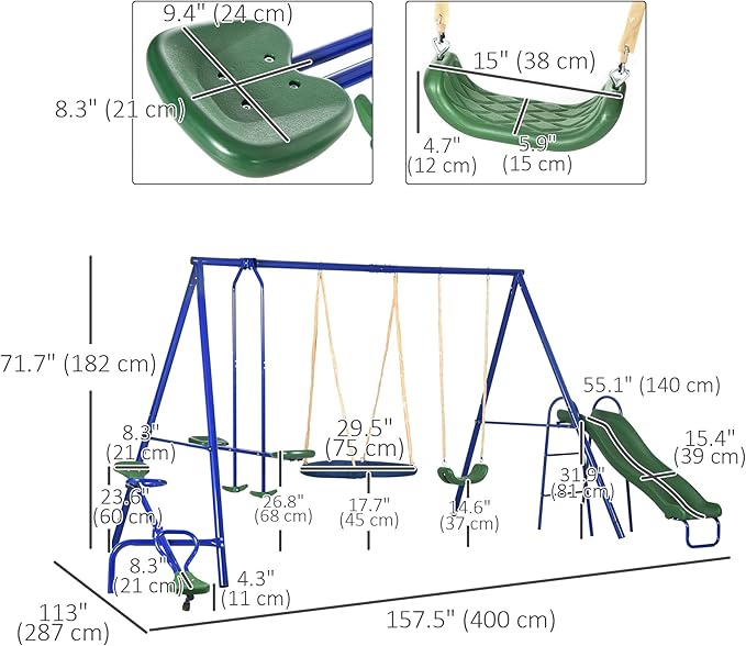 Outsunny Swing Set for Backyard, 5 in 1 Heavy-Duty A-Frame Stand Outdoor Playset for Kids with 29.5" Saucer Swing, Slide, Seesaw, Glider, Swing Seat, Blue