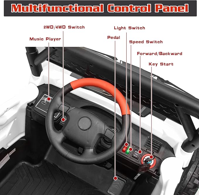 24V Ride On Car for Kids, 4x4 Kids Electric Car with Remote Control Off Road, Children Car with Bluetooth 3 Speeds LED Lights Storage Trunk,White