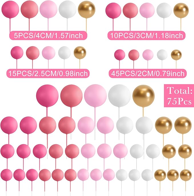 75 Pieces Cake Balls Topper Decorations Foam Cupcake Topper Mini Balloon Balls Cake Picks for Deco Birthday Party Wedding（Pink White Gold Series）