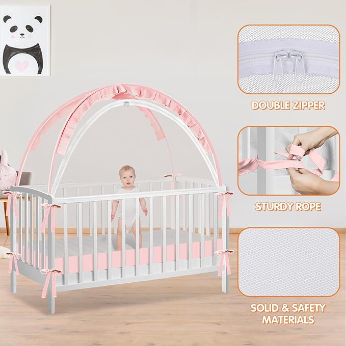 Crib Tent to Keep Baby from Climbing Out - Crib Net to Keep Baby in - Pop Up Breathable Cribs Cover - Canopy with Upgrade Strong Mesh and Durable Zipper (Pink, Lager)