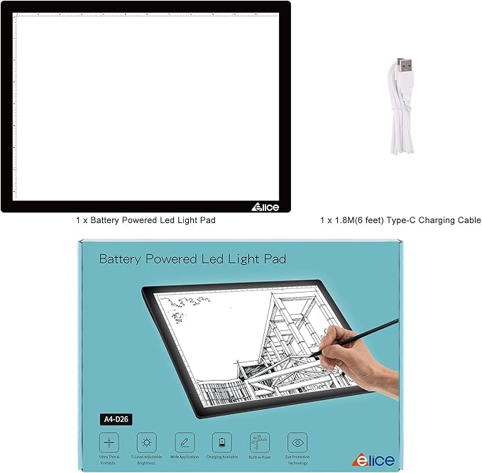 LED Light Pad, ELICE A4 Wireless Battery Powered Light Pad Artcraft Tracing Pad Light Box Dimmable Brightness Rechargeable Light Board for Artists Drawing Sketching Animation Stencilling X-ray Viewing
