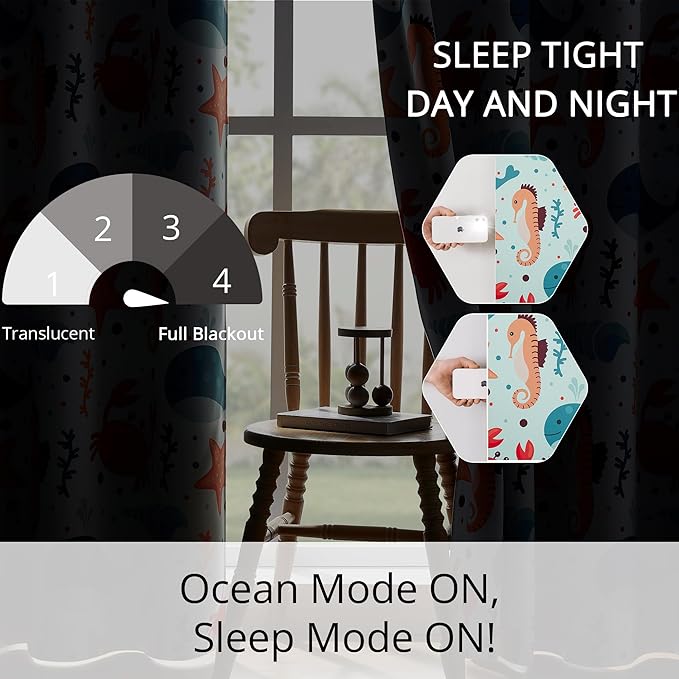 Kids Blackout Curtains - Ocean Whale Design, 100% Blackout, 2 Panels, Each W52×L84, Thermal Insulated for Bedroom, Noise Reducing, Excellent Colorfastness, Dive into an Underwater Adventure