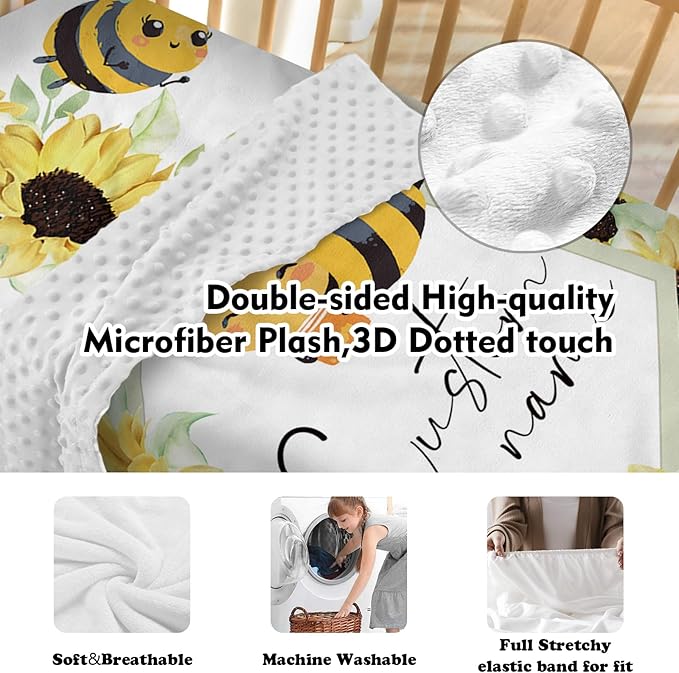 Personalized Baby Crib Bedding Set for Baby Girls, Yellow Bee Pattern Custom Name Baby Crib Sets 5-Pcs, Toddler Double Layer Blanket Fitted Sheets Changing Pad Cover Rug Wall Art Set