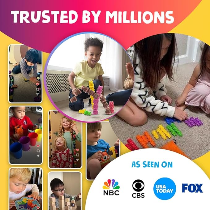 Skoolzy Rainbow Stacking Bears with Matching Sorting Cups 69 Piece Set, 60 Bear counters, Scissor Tongs, Rainbow Cups, Storage Bag, Sorting dice Game