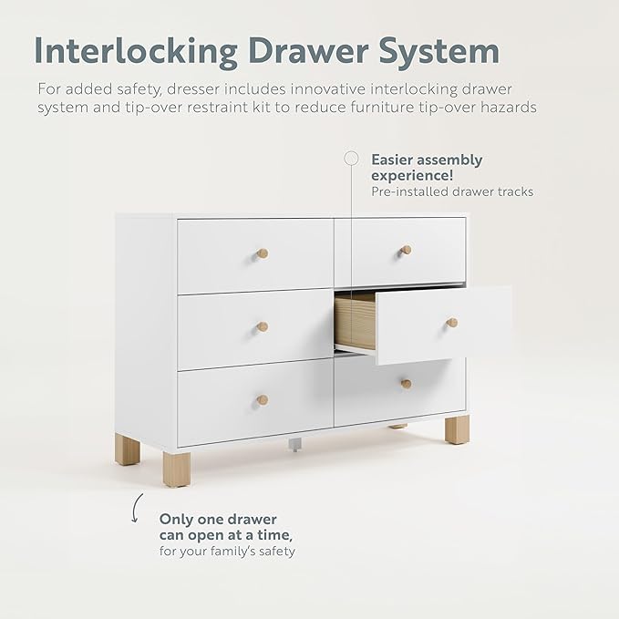 Storkcraft California 6-Drawer Double Dresser (White with Driftwood) - GREENGUARD Gold Certified, Interlocking Drawer System, Dresser Drawer Organizer for Kids Bedroom