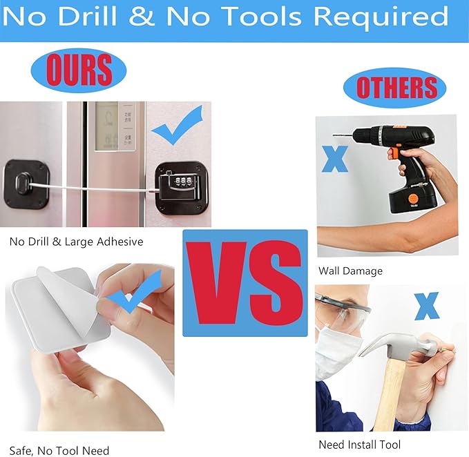 YEYA Upgraded Refrigerator Door Lock with Combination for Adults, Lock for Fridge, Freezer, File Cabinets, Desk Drawers, Locker, Child Safety Latch, Easy Install No Drlling 2 Pack