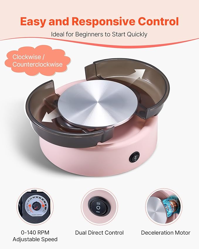 VEVOR Mini Pottery Wheel, 6 inch Turntable, Forward and Reverse Rotation, Adjustable Speed, Electric Clay Wheel for Kids and Beginners, with Shaping Tools, for Home DIY, Pottery Classes, Pink