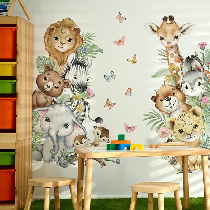 Watercolor Jungle Animal Wall Decals - Tiger, Elephant, Giraffe, Zebra, Lion - Removable Stickers for Baby's Nursery, Playroom, Bedroom, Classroom, Kindergarten Decor