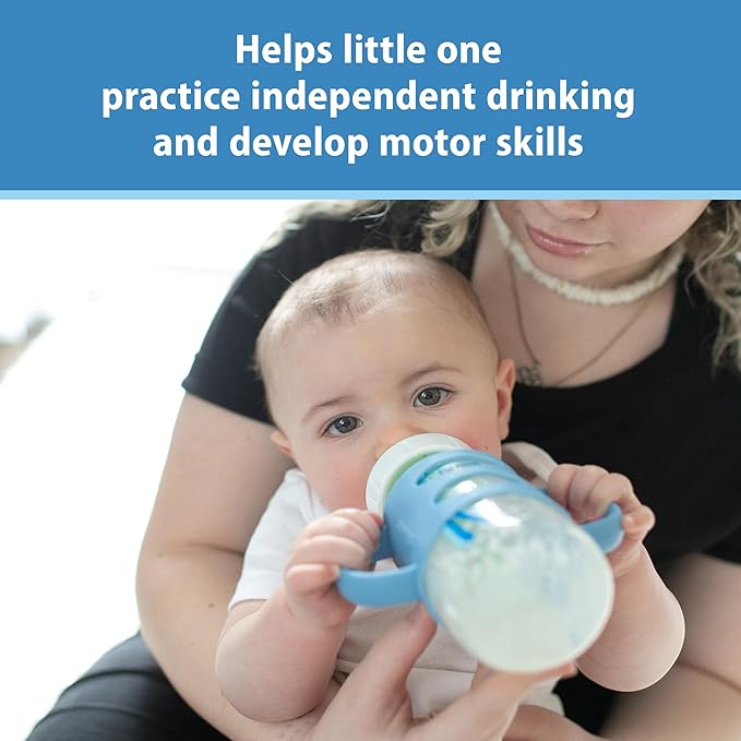 Dr. Brown's Wide-Neck Baby Bottle Handles, 100% Silicone, Easy Grip Removable Handles for Bottle to Sippy Cup Transition, Blue/Gray/Green, 3-Pack, 4m+