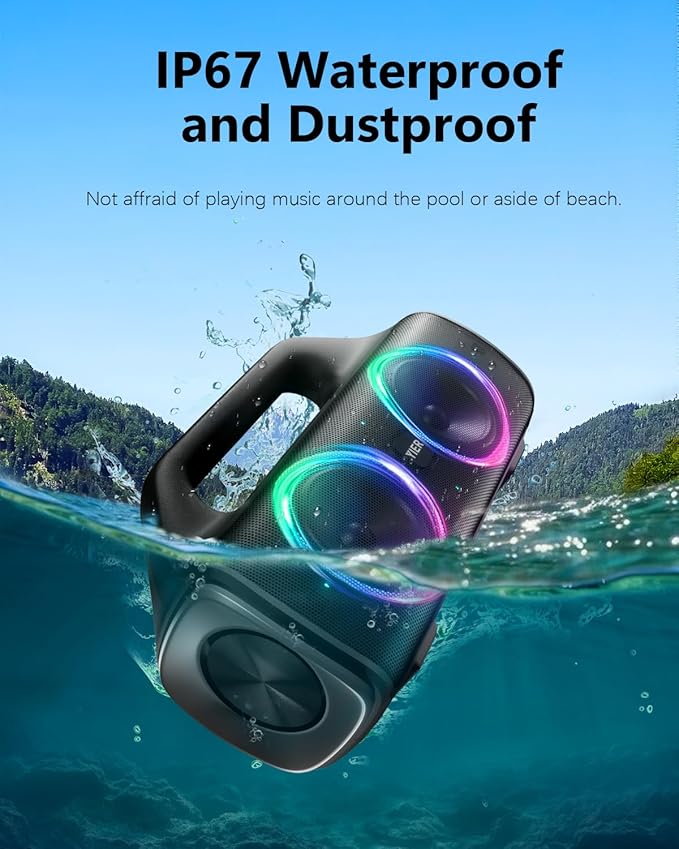 Speakers, 80w (Peak) Portable Wireless Speaker with Lights, Stereo Loud Sound, IP67 Waterproof, Deep Bass Outdoor Speakers Bluetooth 5.0 Dual Pairing for Home Party Beach Camping, Gifts