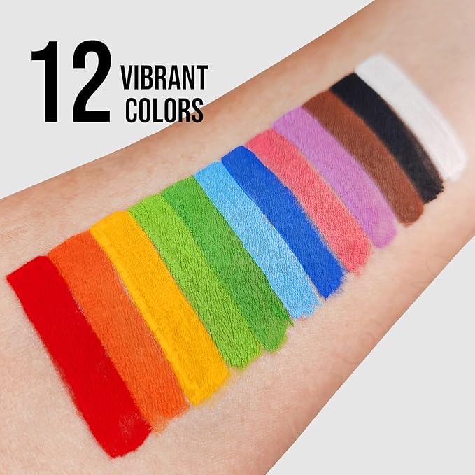 Grida Kids Friendly Face Paint - Professional Party Face Painting Kit for Kids with 12 Vibrant Colors with Double White - Easy to Remove, Vegan, Cruelty-Free Set with Palette & Art Brushes