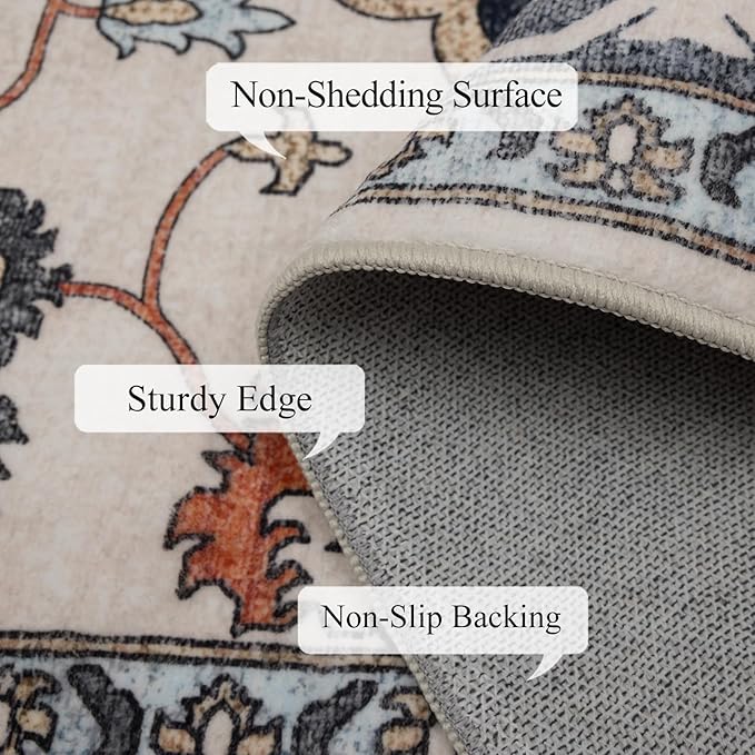 Washable 6x9 Area Rug for Living Room, Carpet for Bedroom Dining Room, Non Slip&Non-Shedding Resistant Low Pile Vintage Print Rug for Home Office (Blue/Gray)