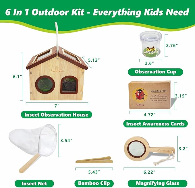 Kids Bug Catching Kit, 6-in-1 Nature Discovery Kit with Breathable Wooden Critter Habitat House, 15 Insert Cards, Magnifying Glass, Butterfly Net, Summer Outside Toys, Gift for Boys & Girls