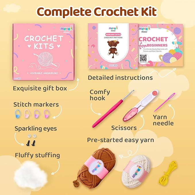 Mewaii Crochet Kit for Beginners with 40% Extra Eco-Friendly Pre-Started Easy Yarn, Step-by-Step Video Tutorials for Adults and Kids (Highland Cattle)