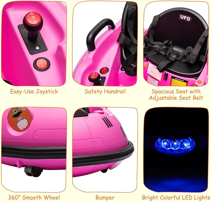 12V Electric Ride on Bumper Car for Toddlers, Kids Bumper Car with Remote Control, 360 Degree Spin, LED Lights, Dual Joysticks, Safety Belt for 18+ Months Kids, Pink