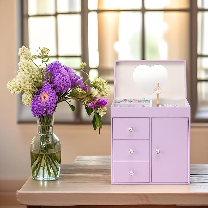 Vlando Musical Jewelry Box with Spinning Ballerina, Girls’ Jewelry Organizer for Necklaces Rings and Hair Accessories, Gift for Girls and Kids, Purple