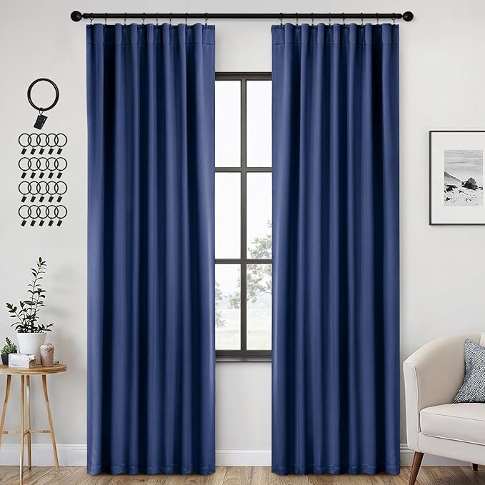 ANRODUO Back Tab Blackout Curtains for Bedroom Living Room, Rod Pocket Pinch Pleated Thermal Insulated Room Darkening Curtains 84 Inches Long 2 Panels, Navy Blue, 42 x 84 Inch
