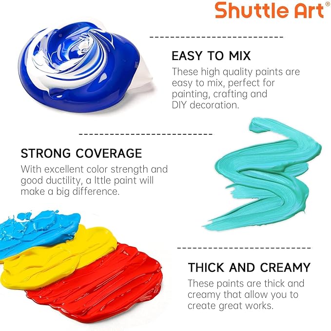 Shuttle Art Acrylic Paint, 12 Colors Acrylic Paint Large Bottle Set, 473ml/16oz Each, Rich Pigments, High Viscosity, Bulk for Artists, Beginners and Kids on Rocks Crafts Canvas Wood