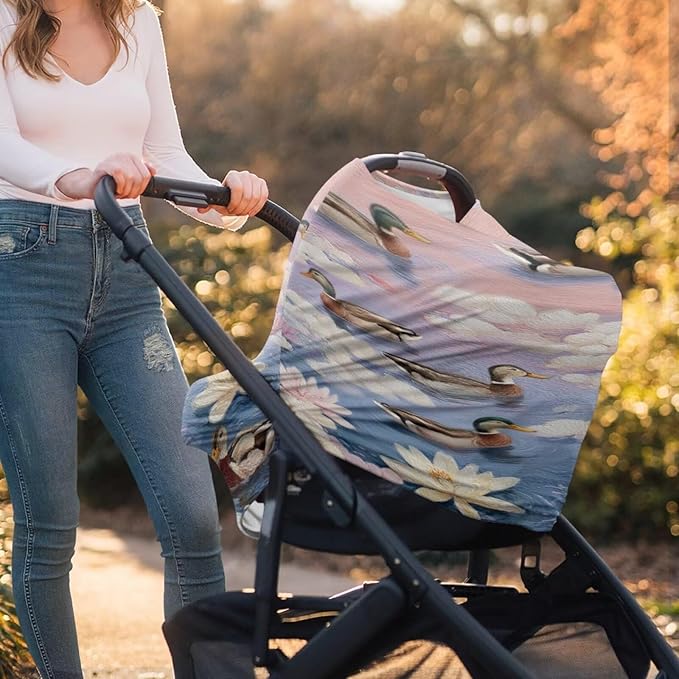 Binienty Baby Car Seat Cover - Lotus Duck Animal Print Multi-Use Car Seat Canopy Carrier Cover for Baby Boys Girls Shower Gifts