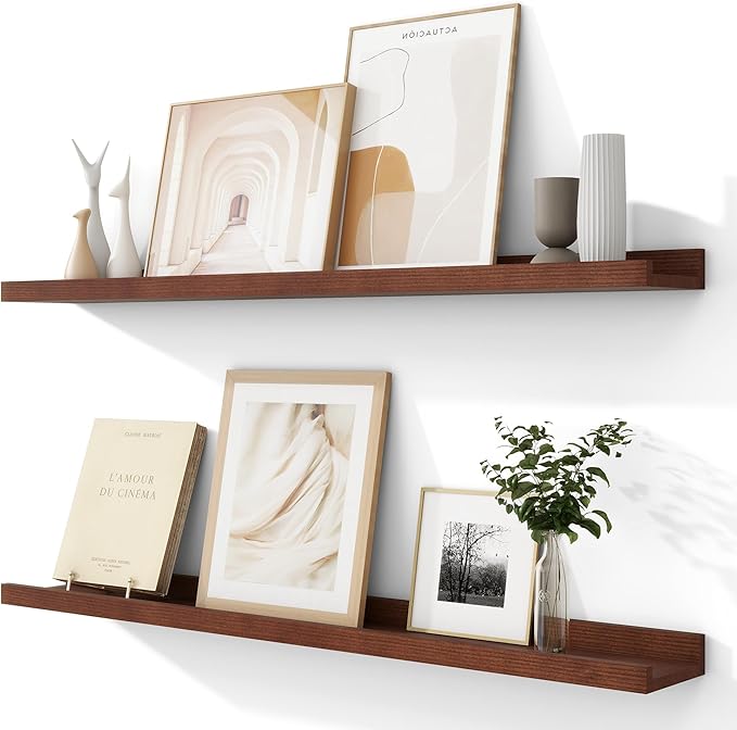 Solid Ash Wood Picture Ledge Shelf, 36 Inch Floating Shelves with Lip Set of 2, Photo Ledge Shelf Nursery Bookshelf Wall Mounted for Living Room Bedroom Decor, Walnut