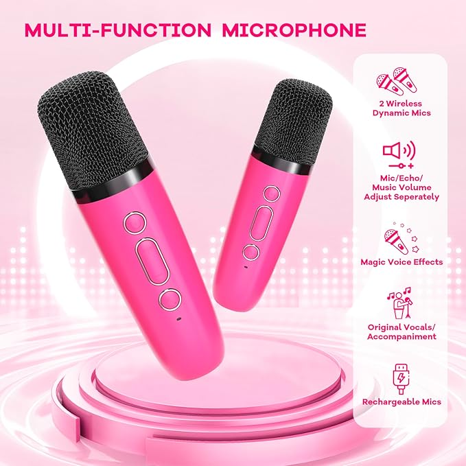 YLL Mini Karaoke Machine for Kids Toys, Portable Bluetooth Speaker with 2 Wireless Microphones, Birthday Gifts for Girls 3, 4, 5, 6, 7, 8, 9, 10, 11, 12+ Years Old Toddler Teens (Hotpink)