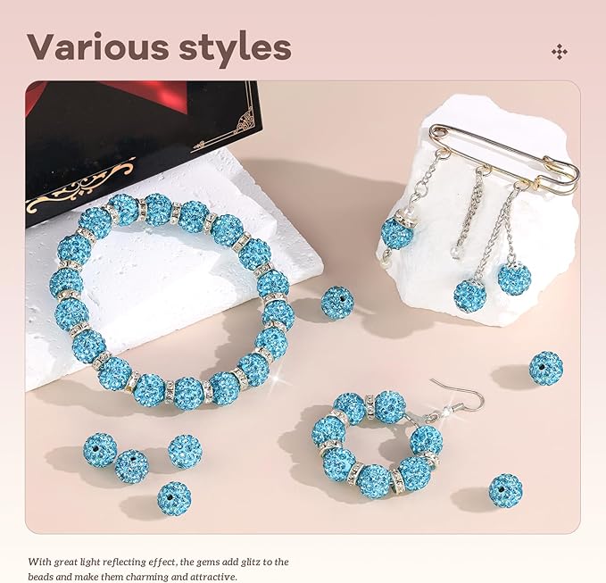 105pcs 10mm Rhinestone Beads for Jewelry Making, Aquamarine Shiny Round Disco Ball Beads Bulk, Sparkle Crystal Clay Christmas for Bracelet Baseball Necklace Earring Crafting and DIY