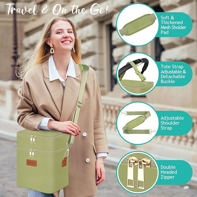 PIIOSER Breastmilk Cooler Bag with Ice Pack Fits 6 Baby Bottles Up to 9 Ounce, Insulated Baby Bottle Tote Bags, Double Layer Waterproof Leak-Proof with Shoulder Strap for Nursing & Working Mom (Green)