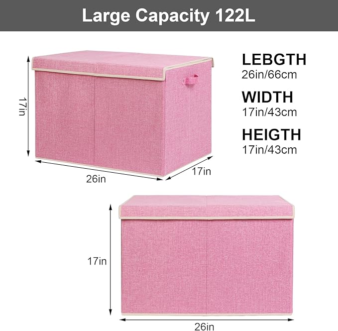 popoly 122L Large Toy Box Chest with Lid, Foldable Toy Storage Organizer Bin Boxes with Removable Divider for Kids, Boys, Girls, Nursery, Playroom, 26"x17" x17"(Linen Pink)