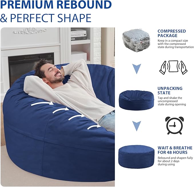 6FT Bean Bag Chair, Large Bean Bag Chairs with Memory Foam Filled, Fluffy Beanbag Sofa with Dutch Velvet Cover, Round BeanBag Chairs for Living Room, Playroom - Blue