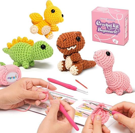 Mewaii Crochet Kit for Beginners – 5 Easy Dinosaur Crochet Kits with Step-by-Step Video Tutorials, Pre-Started Yarn, 40% Extra Yarn, Beginner Crochet Kit for Adults & Kids