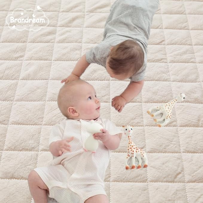 Brandream 3 Pieces Crib Bedding Set for Girls or Boys Quilt,Crib Sheet,Dust Ruffle Skirt, 100% Washed Cotton Like Linen Supersoft Farmhouse Chic Boho Beige Classic Quilted Plaid Design