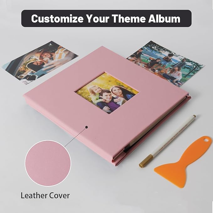 RECUTMS Photo Album Self Adhesive Magnetic Scrapbook 4x6 5x7 8x10 Pictures Scrapbook Album, 40 Pages Photo Book for DIY Baby Family Wedding with Metal Pen and Plastic Board (Pink)