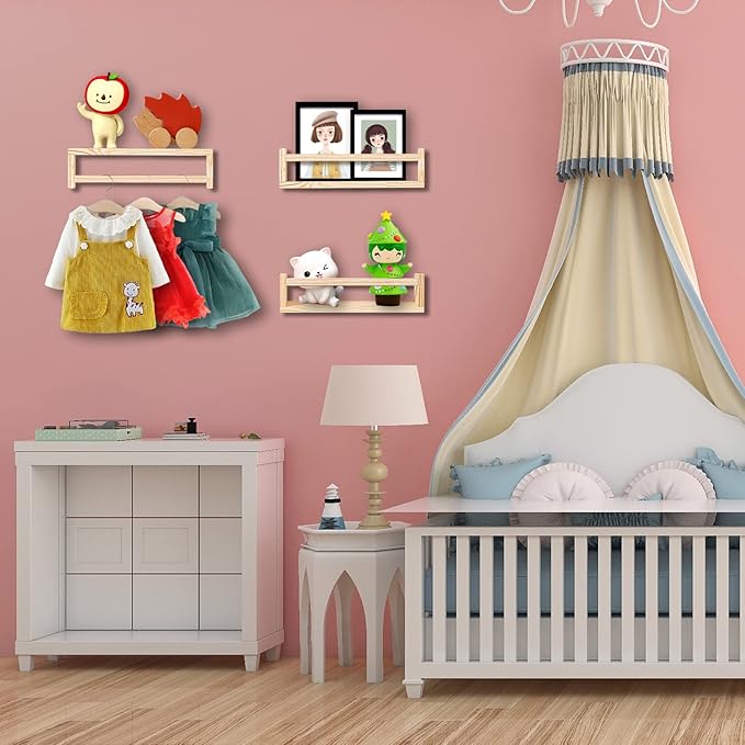Nursery Book Shelves, 16.5 Inch Floating Bookshelves for Kids Room and Playroom Decor, Set of 3, Solid Wood Wall Mounted Shelves for Books and Toys Storage (Nature)