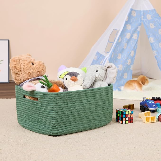 Large Storage Baskets for Shelves, Closet Organizers Bins for Clothes Blanket Towels, Baby Nursery, Toy Baskets Box, Woven Rope Baskets, 17 x 13 x 7.5”, 2 Packs Green