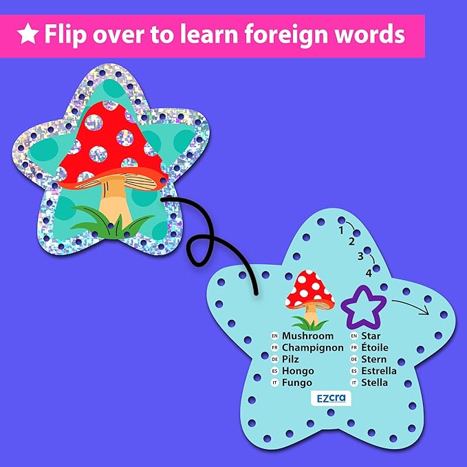 EZCRA Premium Foil Edge Lacing Cards for Kids Ages 3-6 | 5 Double-Sided Fairy Sewing Cards with Multilingual Learning | Durable Cardboard Fine Motor Skills Activity Kit
