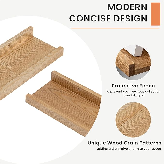 Solid Ash Wood Picture Ledge Shelf, Wood Floating Shelves Set of 2, 48 Inch Long Large Photo Ledge Shelves, Nursery Book Shelves Wall Mounted for Living Room Kids' Bedroom Decor, Natural