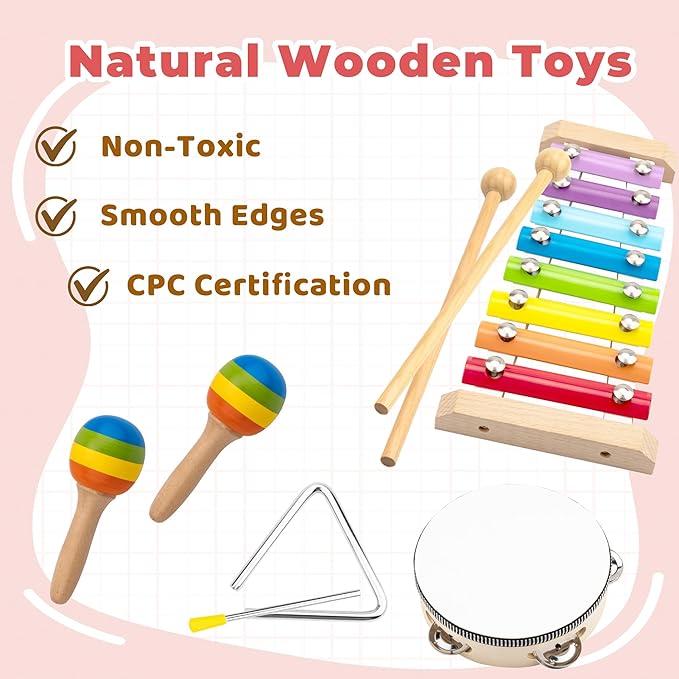 Montessori Toys for 1 2 Year Old,Musical Instruments for Toddlers 1-3 ,Baby Wooden Toy Set,Educational Music Toys Stocking Stuffers for Boys Girls Age 1 2 3 Year Old